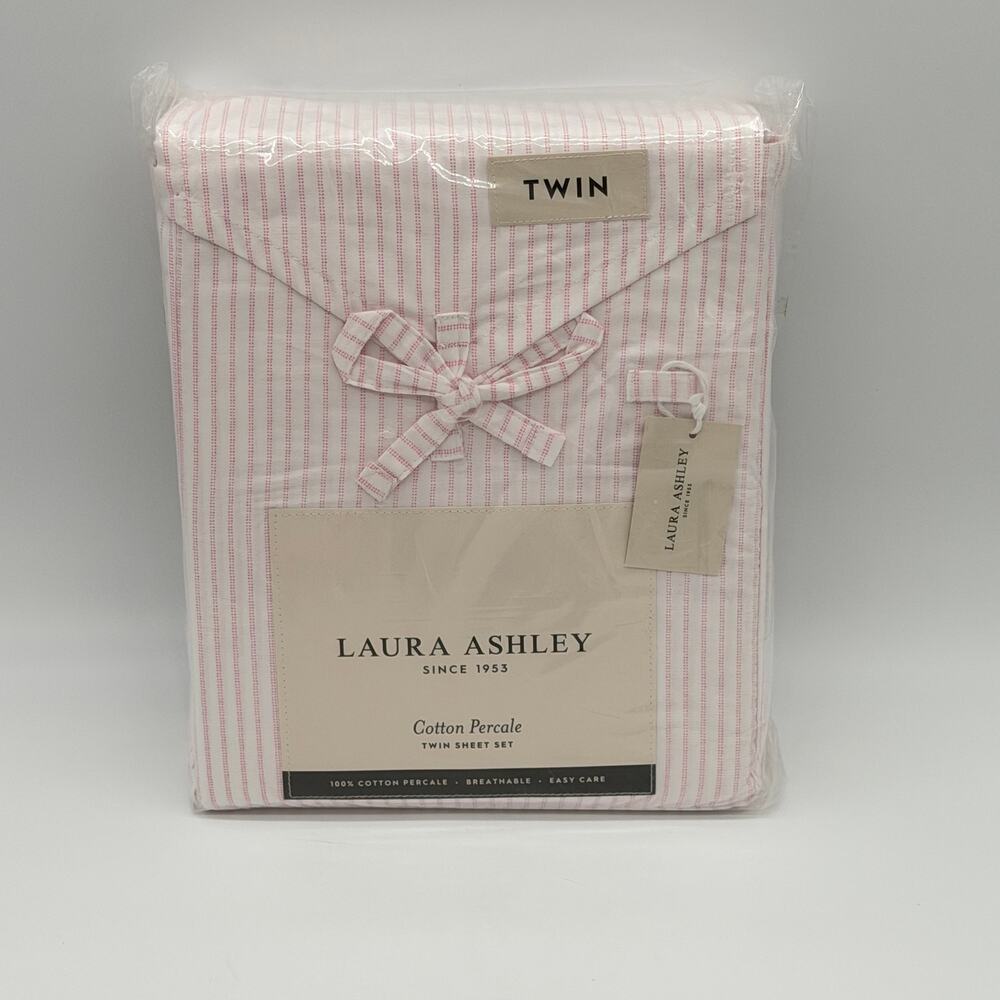 Laura Ashley TWIN Jaynie Pink Ticking Stripe 3pc Cotton Sheet Set NEW